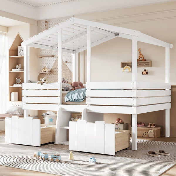 English Elm Full Size House Roof Loft Bed Pine Wood Frame with Staircase Storage Farmhouse Kids Room White W5305S00131