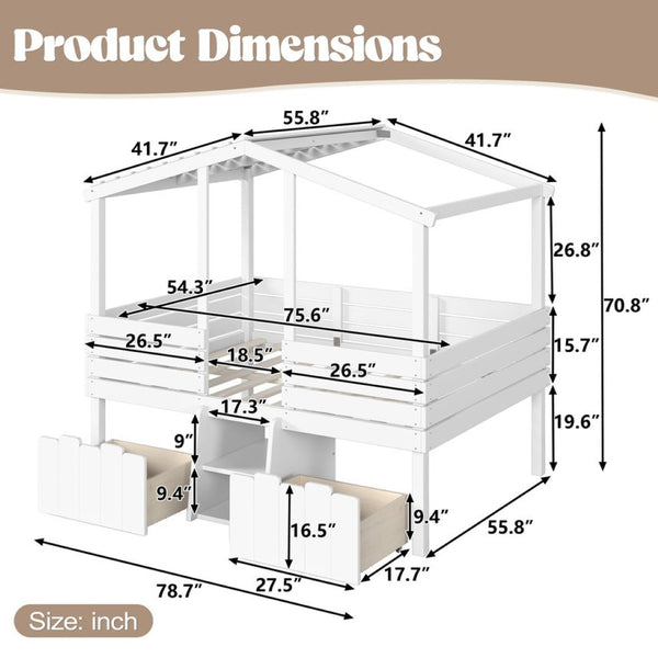 English Elm Full Size House Roof Loft Bed Pine Wood Frame with Staircase Storage Farmhouse Kids Room White W5305S00131
