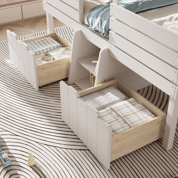 English Elm Full Size House Roof Loft Bed Pine Wood Frame with Staircase Storage Farmhouse Kids Room White W5305S00131