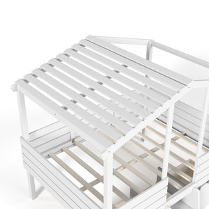 English Elm Full Size House Roof Loft Bed Pine Wood Frame with Staircase Storage Farmhouse Kids Room White W5305S00131