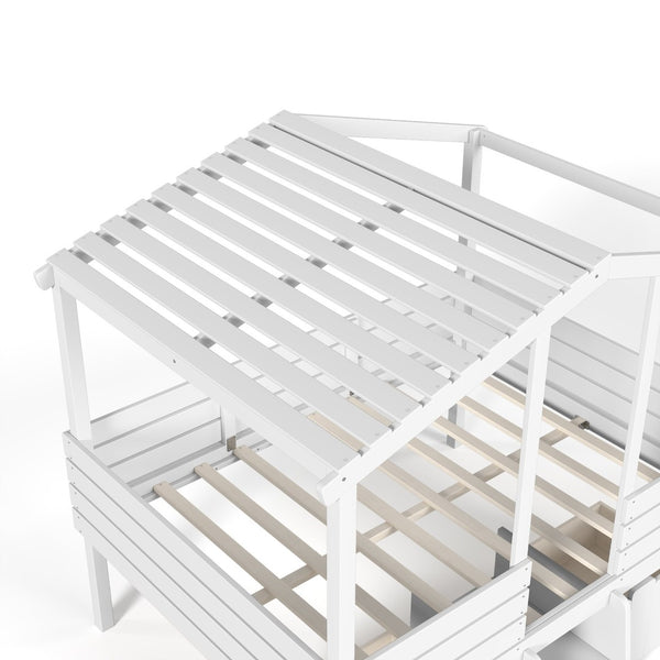 English Elm Full Size House Roof Loft Bed Pine Wood Frame with Staircase Storage Farmhouse Kids Room White W5305S00131