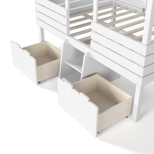 English Elm Full Size House Roof Loft Bed Pine Wood Frame with Staircase Storage Farmhouse Kids Room White W5305S00131