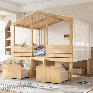 English Elm Full Size House Roof Loft Bed Pine Wood Frame with Staircase Storage Farmhouse Kids Room Natural W5305S00132
