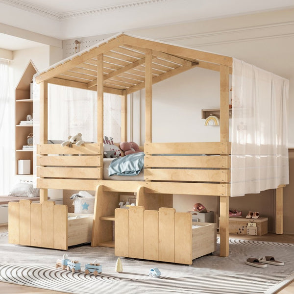 English Elm Full Size House Roof Loft Bed Pine Wood Frame with Staircase Storage Farmhouse Kids Room Natural W5305S00132
