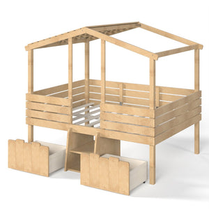 English Elm Full Size House Roof Loft Bed Pine Wood Frame with Staircase Storage Farmhouse Kids Room Natural W5305S00132