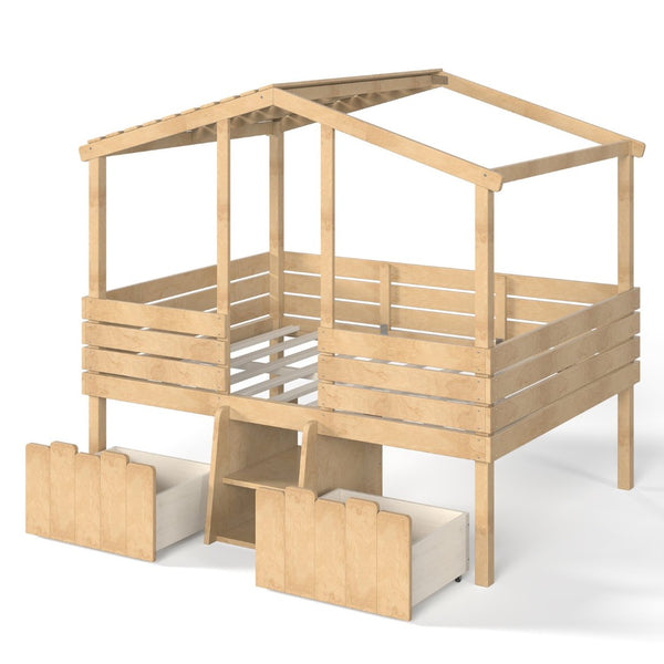English Elm Full Size House Roof Loft Bed Pine Wood Frame with Staircase Storage Farmhouse Kids Room Natural W5305S00132