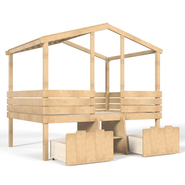 English Elm Full Size House Roof Loft Bed Pine Wood Frame with Staircase Storage Farmhouse Kids Room Natural W5305S00132
