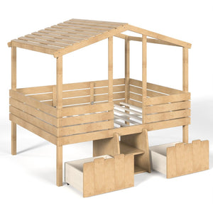 English Elm Full Size House Roof Loft Bed Pine Wood Frame with Staircase Storage Farmhouse Kids Room Natural W5305S00132