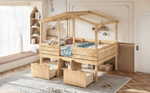 English Elm Full Size House Roof Loft Bed Pine Wood Frame with Staircase Storage Farmhouse Kids Room Natural W5305S00132