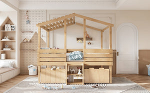 English Elm Full Size House Roof Loft Bed Pine Wood Frame with Staircase Storage Farmhouse Kids Room Natural W5305S00132