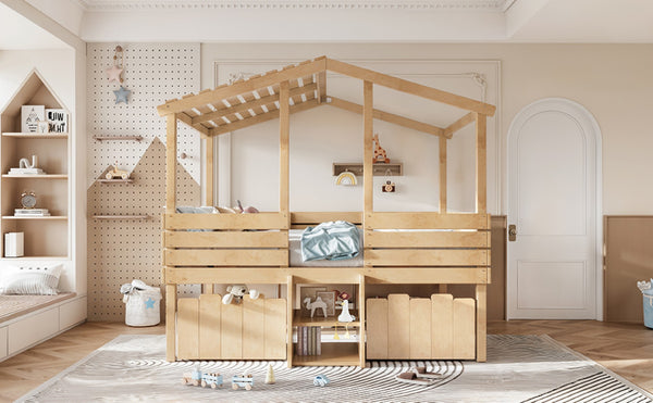 English Elm Full Size House Roof Loft Bed Pine Wood Frame with Staircase Storage Farmhouse Kids Room Natural W5305S00132