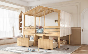 English Elm Full Size House Roof Loft Bed Pine Wood Frame with Staircase Storage Farmhouse Kids Room Natural W5305S00132