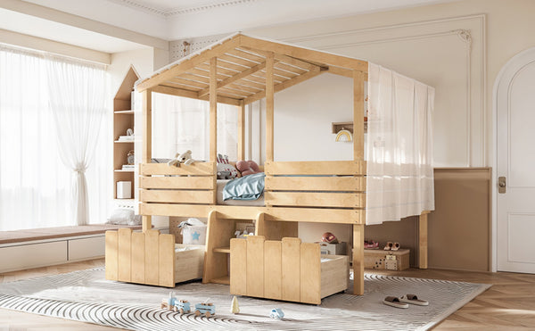 English Elm Full Size House Roof Loft Bed Pine Wood Frame with Staircase Storage Farmhouse Kids Room Natural W5305S00132