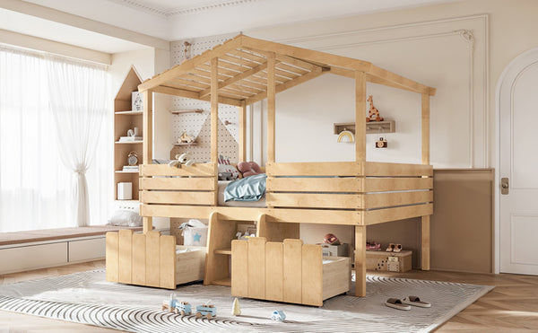 English Elm Full Size House Roof Loft Bed Pine Wood Frame with Staircase Storage Farmhouse Kids Room Natural W5305S00132