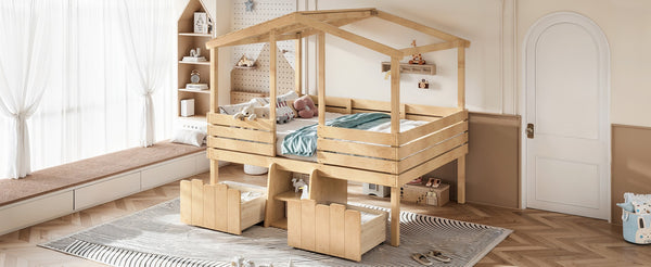 English Elm Full Size House Roof Loft Bed Pine Wood Frame with Staircase Storage Farmhouse Kids Room Natural W5305S00132