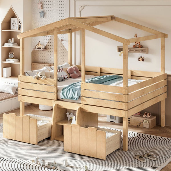 English Elm Full Size House Roof Loft Bed Pine Wood Frame with Staircase Storage Farmhouse Kids Room Natural W5305S00132