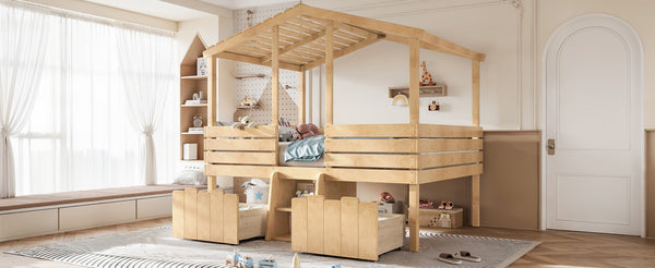 English Elm Full Size House Roof Loft Bed Pine Wood Frame with Staircase Storage Farmhouse Kids Room Natural W5305S00132