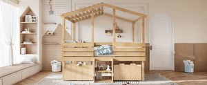 English Elm Full Size House Roof Loft Bed Pine Wood Frame with Staircase Storage Farmhouse Kids Room Natural W5305S00132