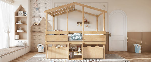 English Elm Full Size House Roof Loft Bed Pine Wood Frame with Staircase Storage Farmhouse Kids Room Natural W5305S00132