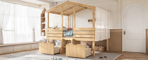 English Elm Full Size House Roof Loft Bed Pine Wood Frame with Staircase Storage Farmhouse Kids Room Natural W5305S00132