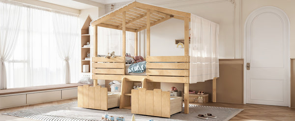 English Elm Full Size House Roof Loft Bed Pine Wood Frame with Staircase Storage Farmhouse Kids Room Natural W5305S00132