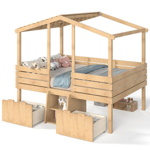 English Elm Full Size House Roof Loft Bed Pine Wood Frame with Staircase Storage Farmhouse Kids Room Natural W5305S00132