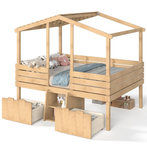 English Elm Full Size House Roof Loft Bed Pine Wood Frame with Staircase Storage Farmhouse Kids Room Natural W5305S00132