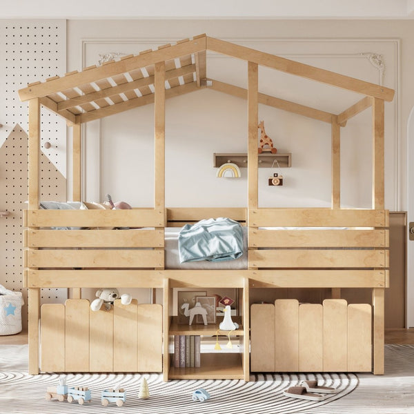 English Elm Full Size House Roof Loft Bed Pine Wood Frame with Staircase Storage Farmhouse Kids Room Natural W5305S00132