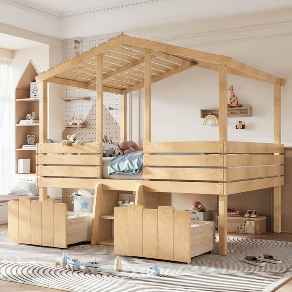 English Elm Full Size House Roof Loft Bed Pine Wood Frame with Staircase Storage Farmhouse Kids Room Natural W5305S00132