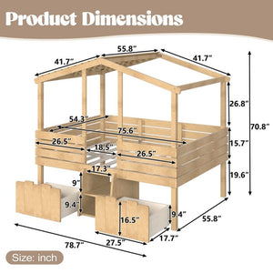 English Elm Full Size House Roof Loft Bed Pine Wood Frame with Staircase Storage Farmhouse Kids Room Natural W5305S00132