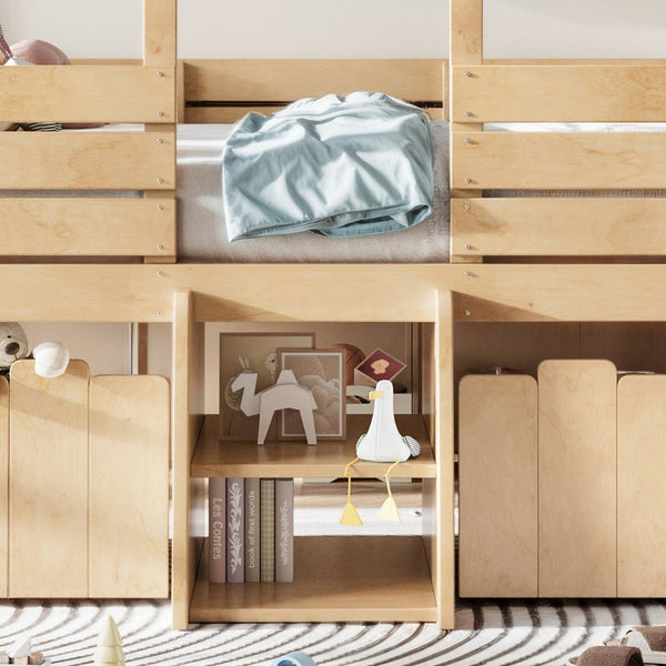 English Elm Full Size House Roof Loft Bed Pine Wood Frame with Staircase Storage Farmhouse Kids Room Natural W5305S00132