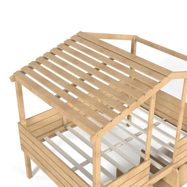 English Elm Full Size House Roof Loft Bed Pine Wood Frame with Staircase Storage Farmhouse Kids Room Natural W5305S00132