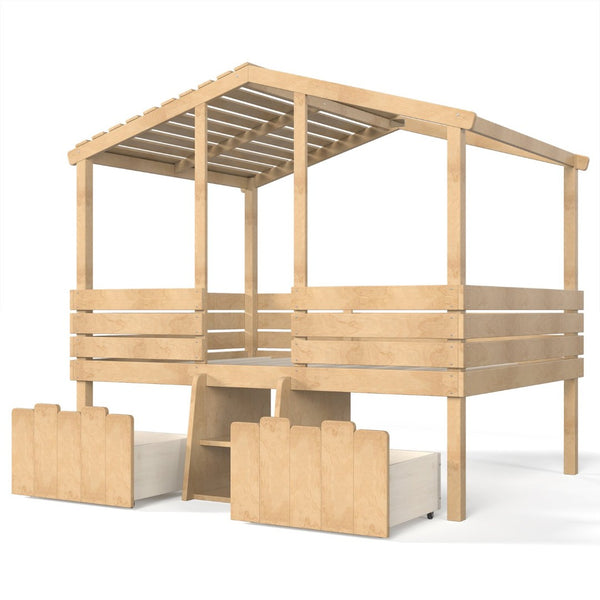 English Elm Full Size House Roof Loft Bed Pine Wood Frame with Staircase Storage Farmhouse Kids Room Natural W5305S00132