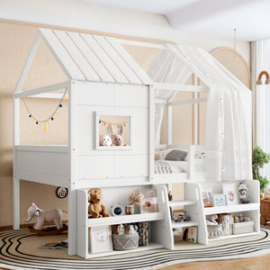 English Elm Full Size Playhouse Loft Bed with Staircase Storage Shelves and Pine Wood Frame W5305S00135