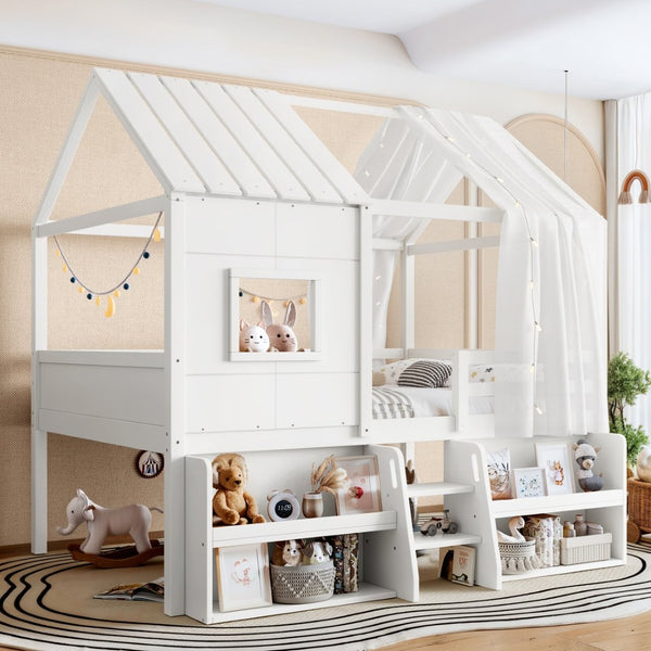 English Elm Full Size Playhouse Loft Bed with Staircase Storage Shelves and Pine Wood Frame W5305S00135
