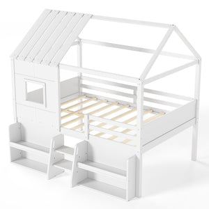 English Elm Full Size Playhouse Loft Bed with Staircase Storage Shelves and Pine Wood Frame W5305S00135