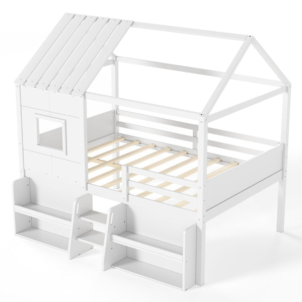 English Elm Full Size Playhouse Loft Bed with Staircase Storage Shelves and Pine Wood Frame W5305S00135