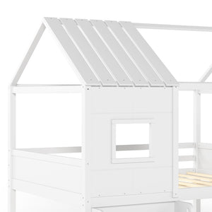 English Elm Full Size Playhouse Loft Bed with Staircase Storage Shelves and Pine Wood Frame W5305S00135
