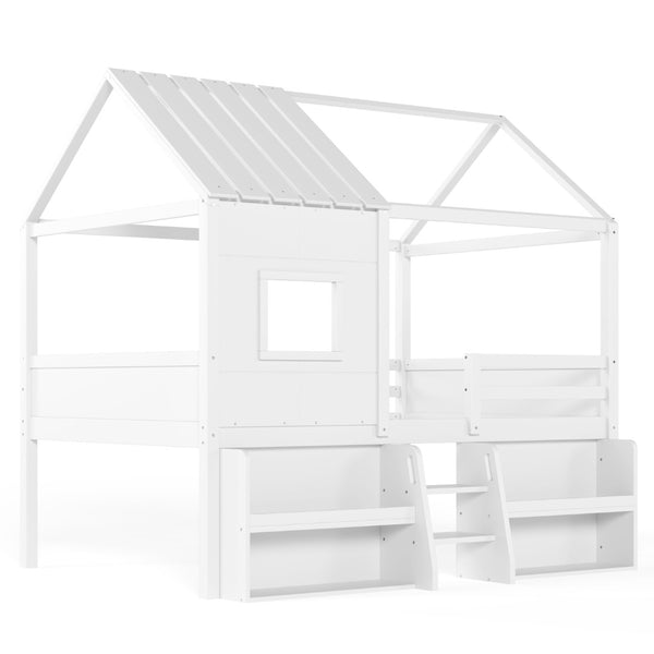 English Elm Full Size Playhouse Loft Bed with Staircase Storage Shelves and Pine Wood Frame W5305S00135