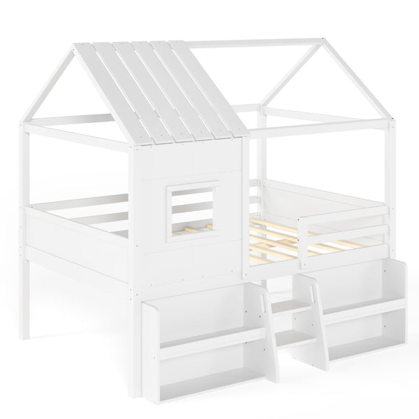 English Elm Full Size Playhouse Loft Bed with Staircase Storage Shelves and Pine Wood Frame W5305S00135