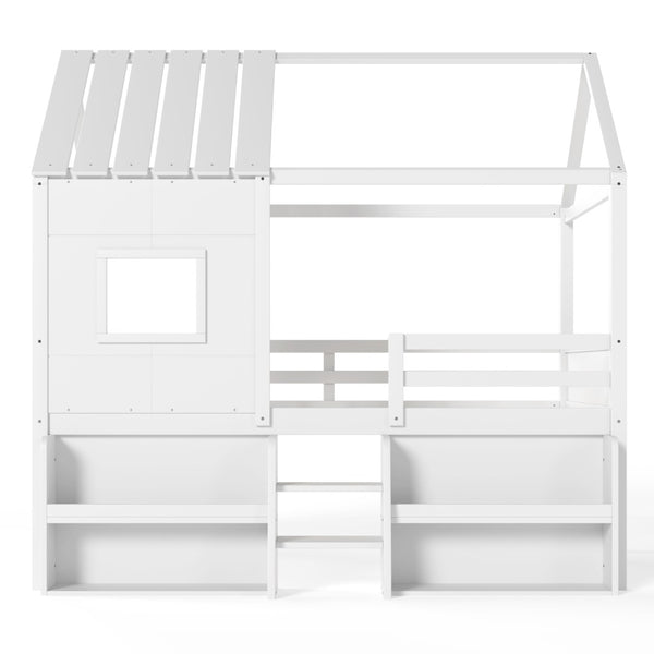 English Elm Full Size Playhouse Loft Bed with Staircase Storage Shelves and Pine Wood Frame W5305S00135