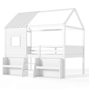 English Elm Full Size Playhouse Loft Bed with Staircase Storage Shelves and Pine Wood Frame W5305S00135