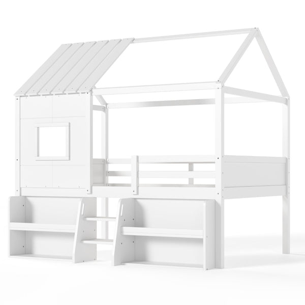 English Elm Full Size Playhouse Loft Bed with Staircase Storage Shelves and Pine Wood Frame W5305S00135