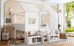 English Elm Full Size Playhouse Loft Bed with Staircase Storage Shelves and Pine Wood Frame W5305S00135