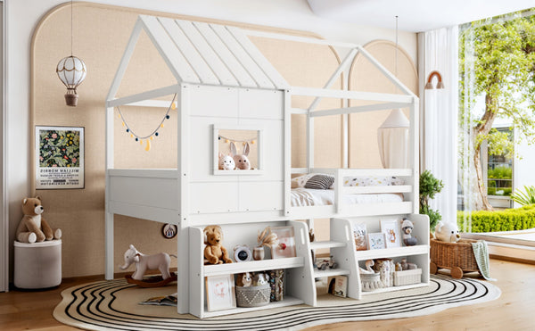 English Elm Full Size Playhouse Loft Bed with Staircase Storage Shelves and Pine Wood Frame W5305S00135