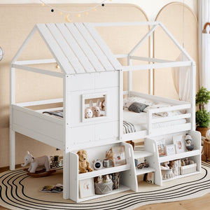 English Elm Full Size Playhouse Loft Bed with Staircase Storage Shelves and Pine Wood Frame W5305S00135