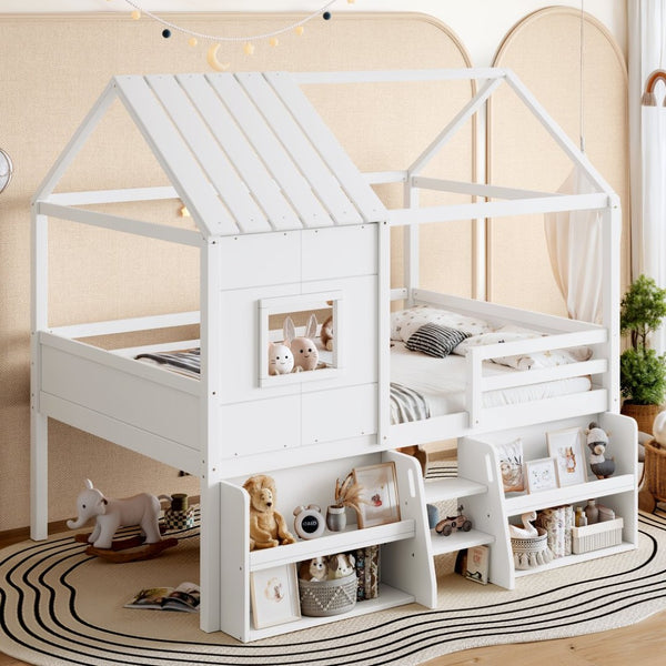 English Elm Full Size Playhouse Loft Bed with Staircase Storage Shelves and Pine Wood Frame W5305S00135