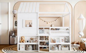 English Elm Full Size Playhouse Loft Bed with Staircase Storage Shelves and Pine Wood Frame W5305S00135