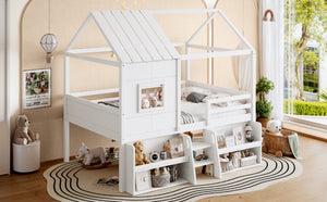 English Elm Full Size Playhouse Loft Bed with Staircase Storage Shelves and Pine Wood Frame W5305S00135