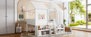 English Elm Full Size Playhouse Loft Bed with Staircase Storage Shelves and Pine Wood Frame W5305S00135